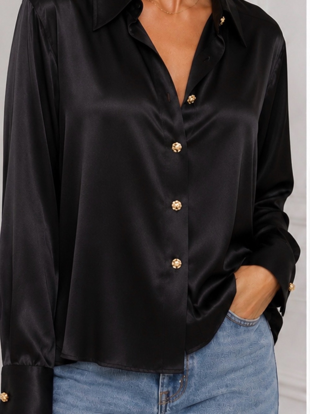 Black Satin Button-Down Women's Top - Elegant Collar- US 4 (UK 8)